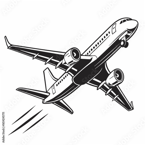 Black and white illustration of a jet airplane in flight with speed lines aircraft flying