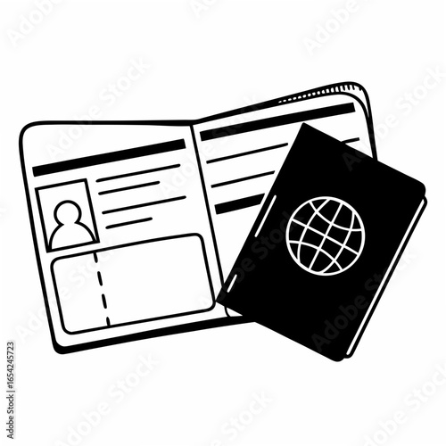 Black and white illustration of an open passport and boarding pass on a white background travel identification 1