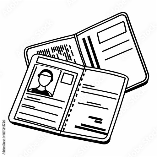 Black and white illustration of an open passport and boarding pass on a white background travel identification
