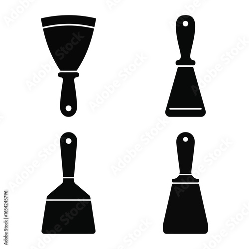 Four black silhouettes of different sized putty knives