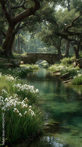 Scenic forest river with stone bridge and white flowers
