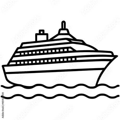Black outline of a cruise ship sailing on wavy water on a white background boat ocean
