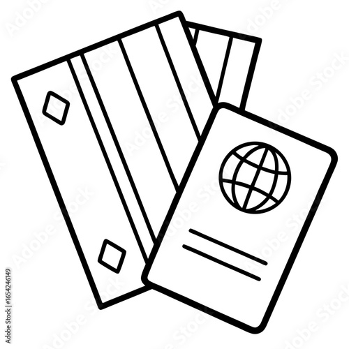 Black outline of a passport and boarding passes on a white background travel document