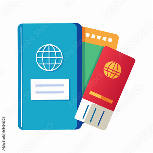 Blue passport with red and orange boarding passes on a white background travel airplane ticket