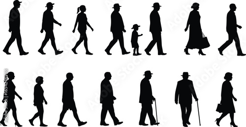 Silhouette of diverse people walking in various styles, human figures motion illustration, isolated on white background, vector art design, diversity concept