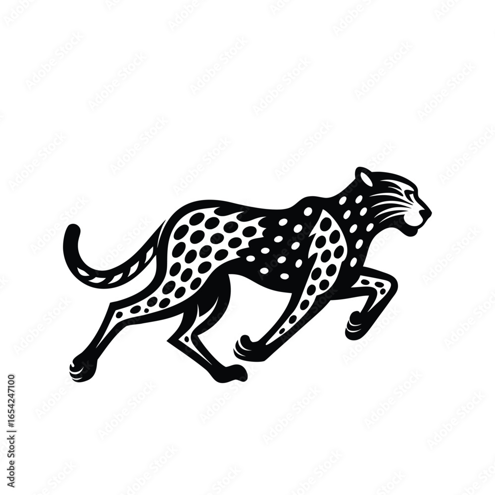 Stylized black and white cheetah illustration in full gallop Stylized black and white cheetah illustration in full gallop