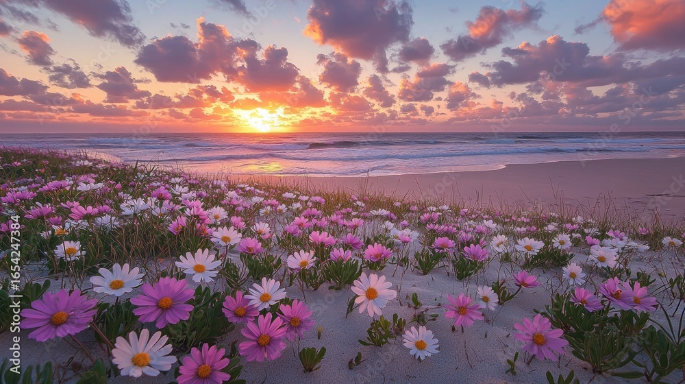 Fototapeta premium A beach scene with scattered wildflowers in the foreground, while the ocean stretches out under a sky 