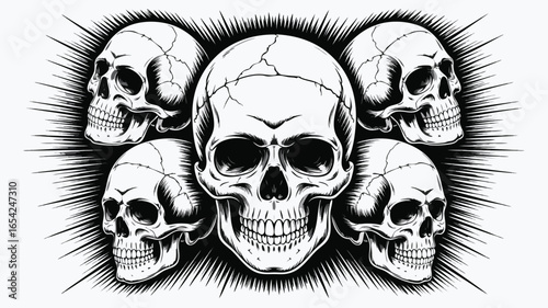 Five Skulls Design Black and White Skull Illustration with Sharp Ray Background