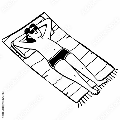 Person lying on a striped beach towel wearing sunglasses and swim trunks sunbathing lying down