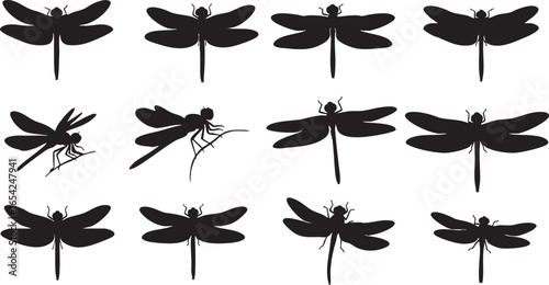 Black silhouettes of dragonflies in various poses dragonfly, dragonfly, insect, silhouette, black, white, wings, flying, perched, nature, wildlife, arthropod, entomology, illustration, graphic, design
