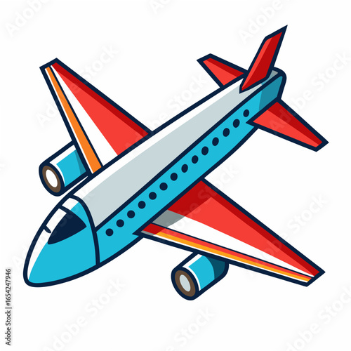 Stylized airplane with red and blue wings in flight on a white background aircraft travel
