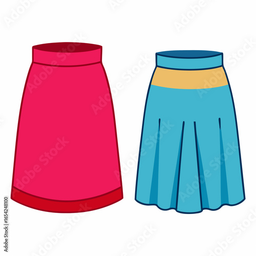 Two cartoon skirts one red and one blue with yellow band on a white background fashion clothing