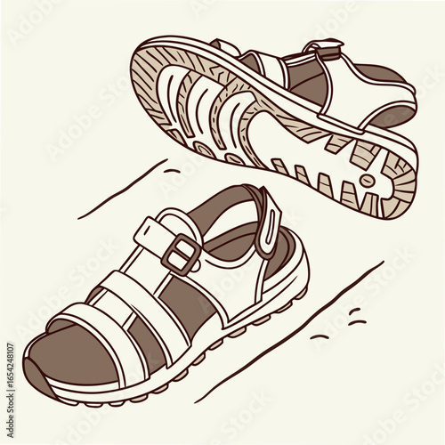 Two brown and white sandals with straps and buckles on a white background footwear shoes