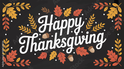 Happy Thanksgiving on Chalkboard Background with Fall Leaves and Acorns Illustration Holiday Design