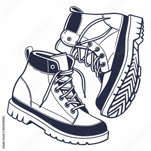 Two dark blue and white hiking boots with laces on a white background footwear shoes