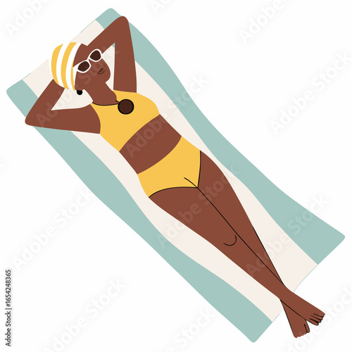 Woman in yellow bikini and striped cap sunbathing on a beach towel vector