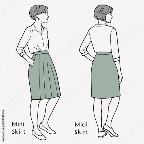 Woman showing mini and midi skirt styles on a white background mini skirt fashion