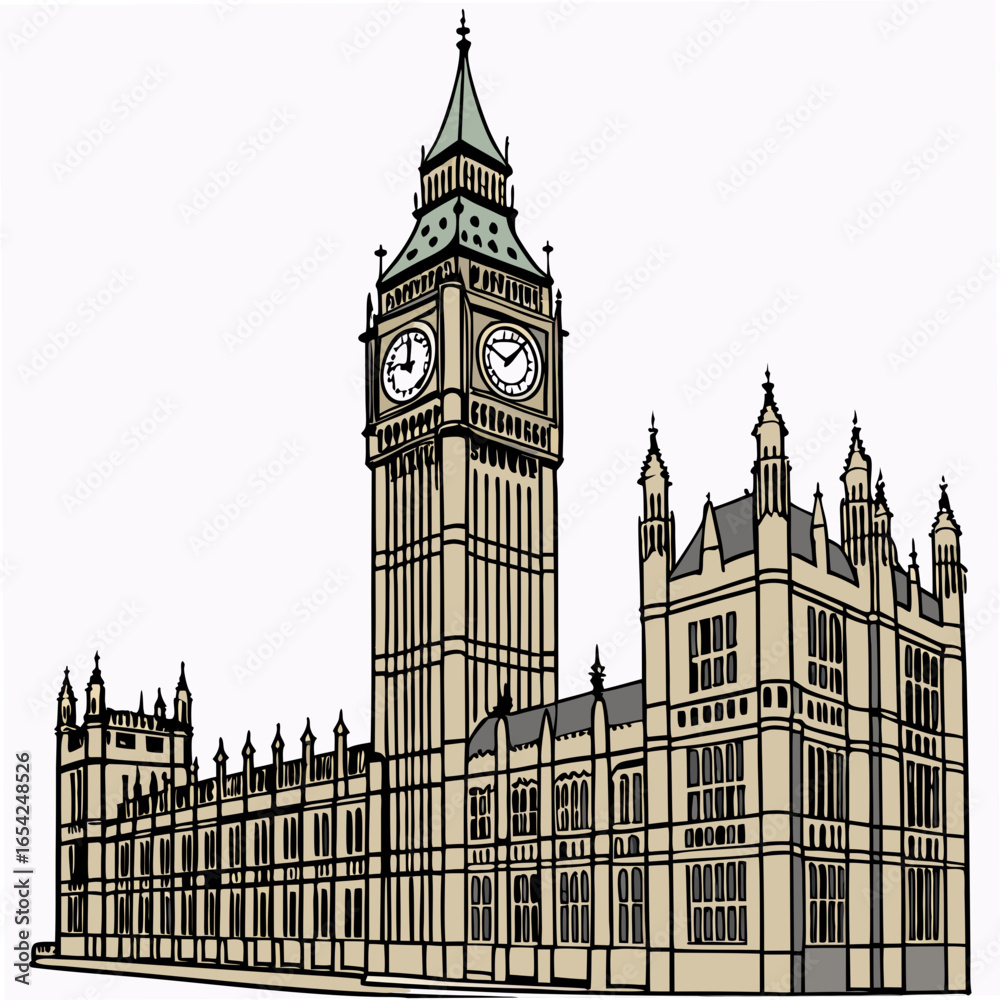 Fototapeta premium Big Ben and Houses of Parliament illustration on a white background London clock tower