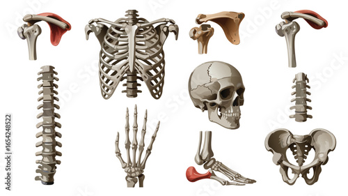 Human Skeletal System Anatomy Skull, Ribcage, Spine, Pelvis, Hand, Foot, and Shoulder Joints Illustration