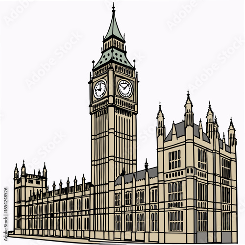 Big Ben and Houses of Parliament illustration on a white background London clock tower