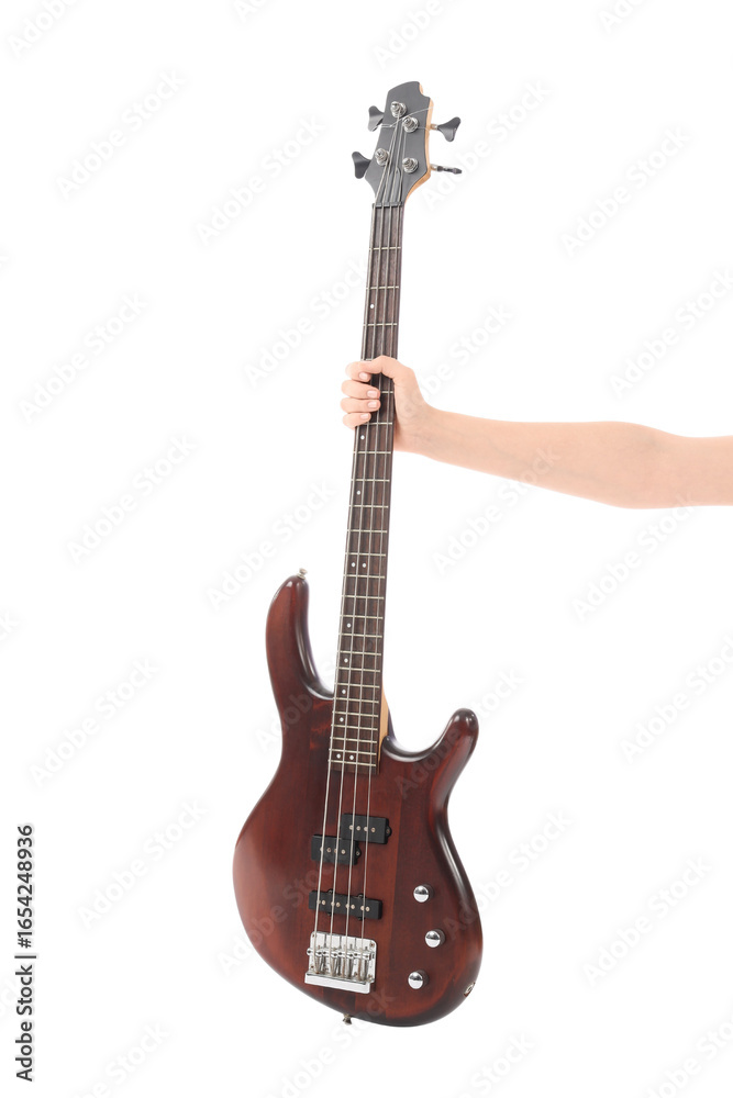 Naklejka premium Female hand with electric guitar on white background