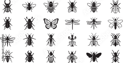 Diverse insect silhouettes collection beetle butterfly, beetle, bee, fly, butterfly, dragonfly, grasshopper, praying mantis, insect, bug, wing, antenna, leg, black, white, silhouette, illustration, pa