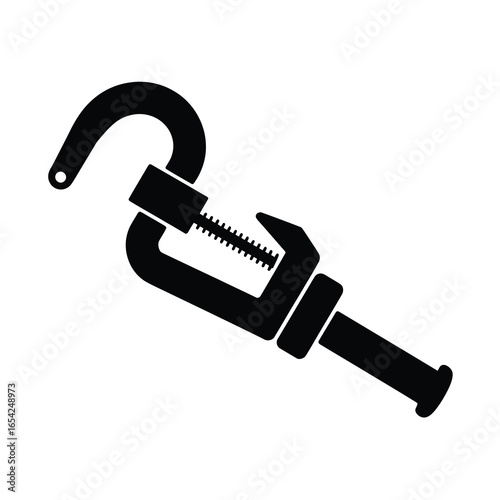 Black silhouette of a clamp holding a hook on a white background