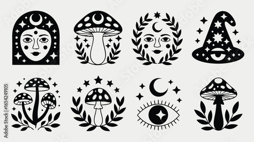 Mystical Black and White Bohemian Style Graphics Mushrooms, Celestial Faces, and Witch Hat