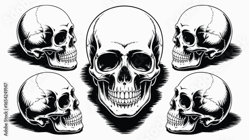 of Five Skulls in Black and White with Detailed Shading