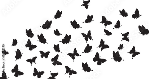 Many black butterflies flying in different directions, black, butterflies, flying, insects, wings, nature, pattern, silhouette, white background, swarm, many, scattered, delicate, graceful, movement, 