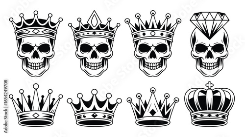 Set Skulls Wearing Various Ornate Crowns and Tiaras, Isolated on White Background, Black and White