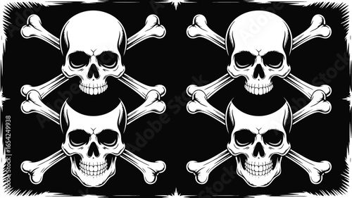 Skull and Crossbones Illustration Four White Skulls on a Black Background