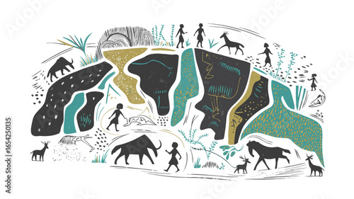 Stylized Illustration of Prehistoric Life with Humans and Animals in Varied Landscapes and Environments