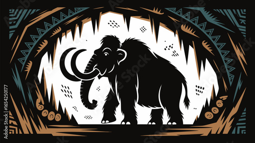Stylized Black Mammoth Silhouette with Tribal Ornamentation on Brown and Teal Background Art