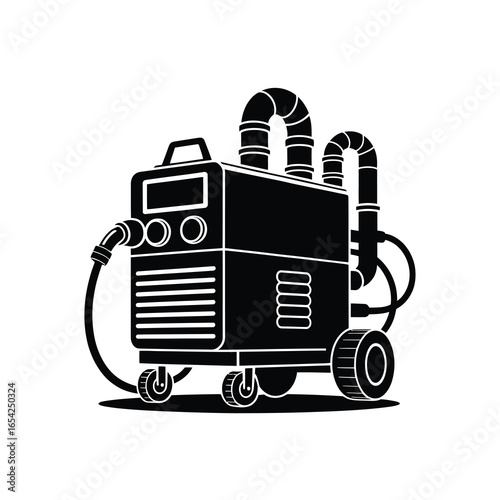 Industrial welding machine with hoses and wheels