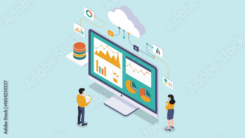 data analysts reviewing dashboard on computer connected to cloud isometric vector illustration