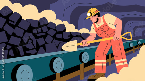 coal miner with shovel working at a conveyor belt in a mine vector illustration 