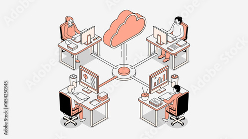 office workers at desks connected to a central cloud network isometric vector illustration