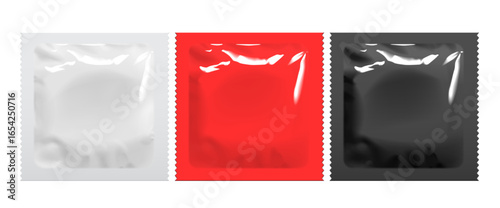 Realistic White, Red and Black Blank template Packaging Foil wet wipes Pouch Medicine Or Condom. Food Packing Coffee, Salt, Sugar, Pepper, Spices, Sweets. Template For Mock up Your Design. vector illu