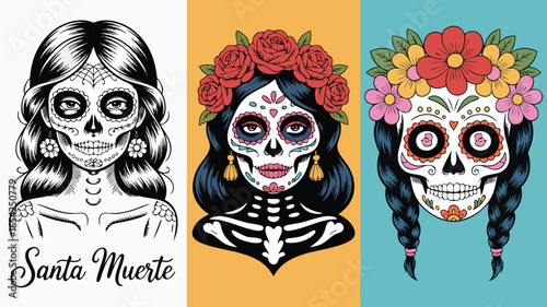 Three Santa Muerte Illustrations with Floral Headpieces and Intricate Skull Designs Day of the Dead