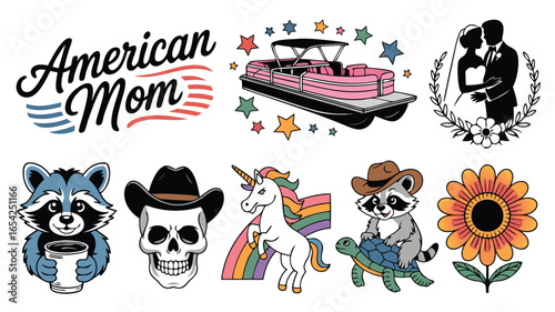 Whimsical American Mom Text, Pontoon Boat, Couple Silhouette, and Cartoon Animals Designs
