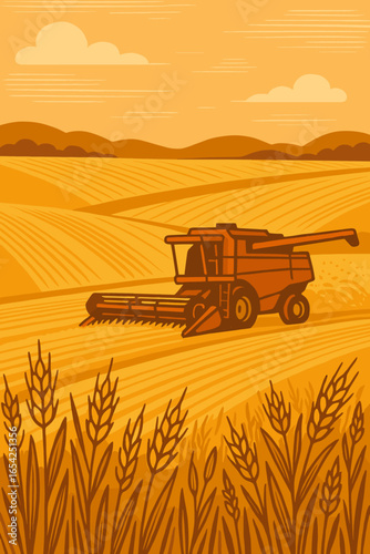 Harvesting wheat in golden fields with combine harvester against rolling hills and sky