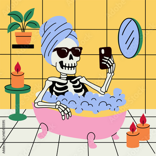 Funny Skeleton in Pink Tub with Smartphone and Towel Turban