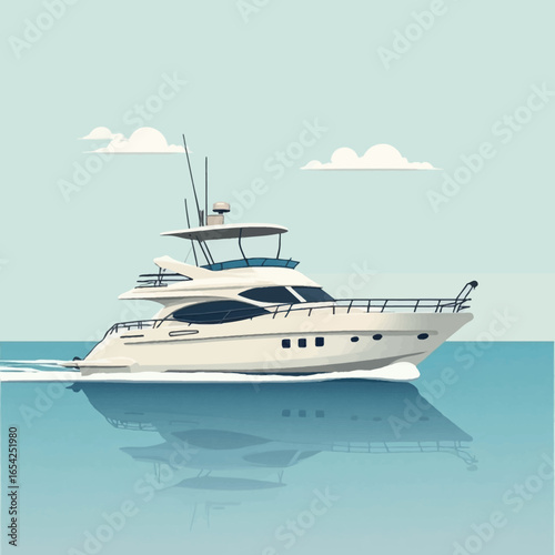 Luxury motor yacht cruising calm ocean waters under a serene sky.