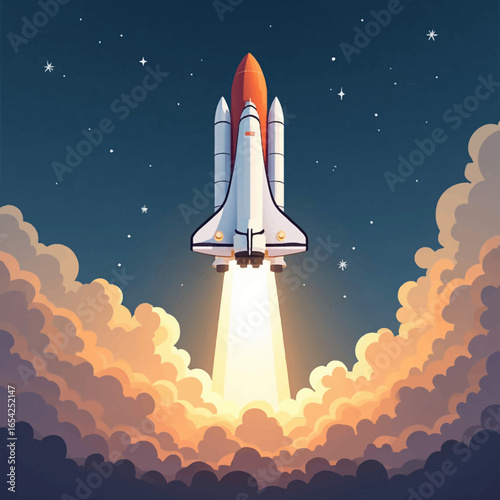 A rocket ship launches into a starry night sky, surrounded by clouds and emitting a bright light trail.