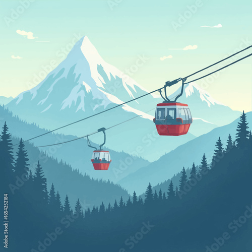 Two red cable cars traverse a mountain landscape with snow-capped peaks and a forest of evergreen trees.