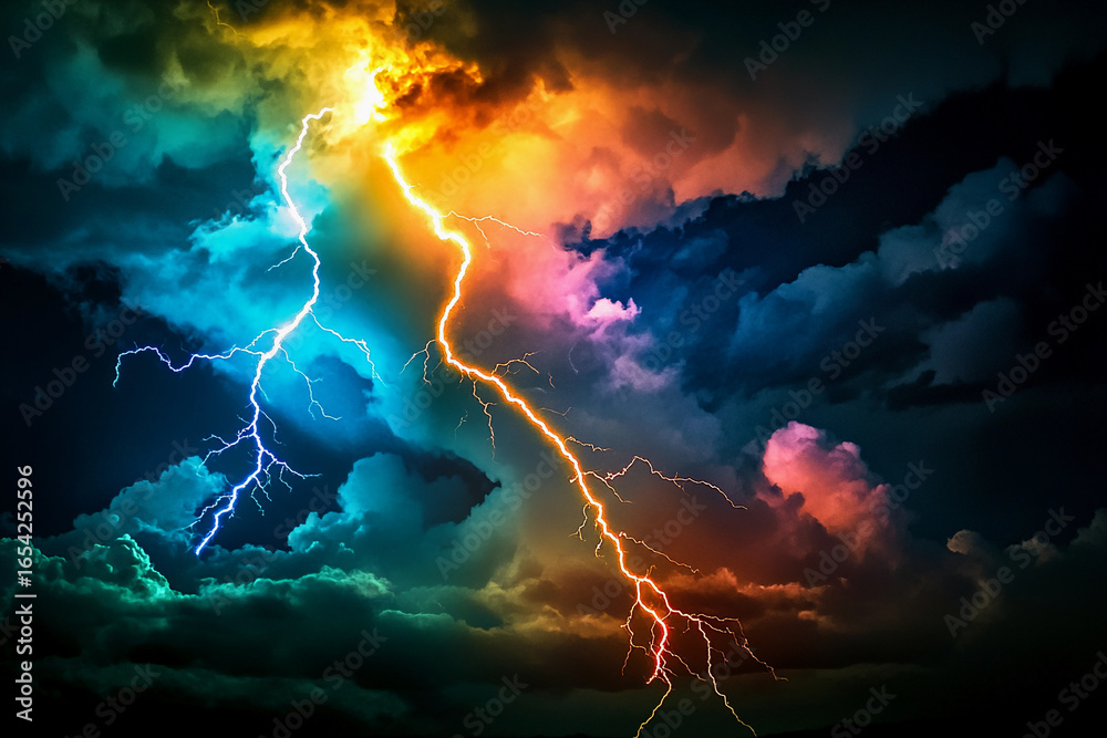 Fototapeta premium Vivid lightning strikes illuminate the stormy sky Generative AI