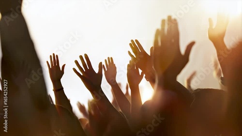 Christians raising their arms, praising, praying, and worshipping, a background of a church gathering filled with the Holy Spirit, and a cheering crowd concept.
