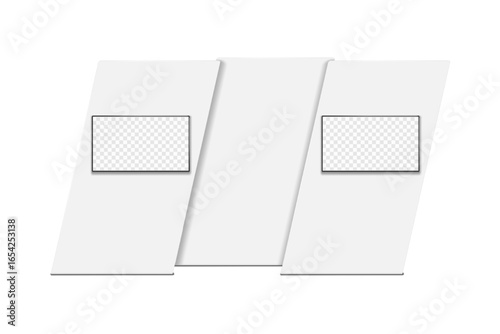 Tradeshow booth backdrop banner stand with LCD monitor isolated on white background. Realistic vector mockup. Blank portable exhibition wall display with TV video panels. Mock-up. Template for design