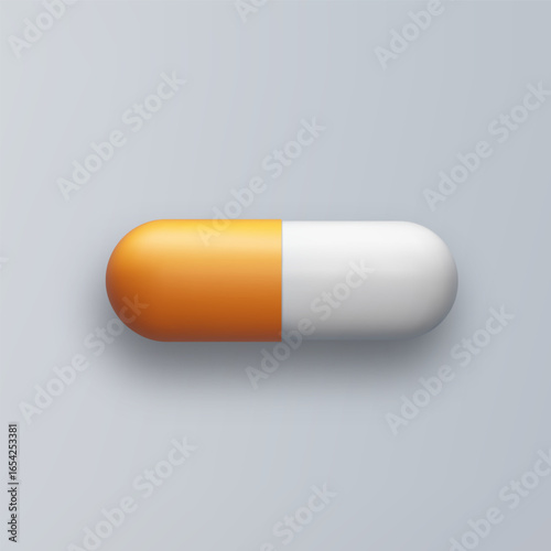 3d pill white orange tablet isolated on gray background. Realistic vector medicament illustration